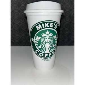 Starbucks White Reusable Coffee Cup Mike's Coffee‎ Green Logo Collectible
